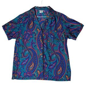 Vintage 90s Alfred Dunner Short Sleeve Button Down Shirt Colorful Paisley Print